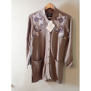 Bob Mackie Embroidered Brown Cardigan Embroidery Flower XXS NWT